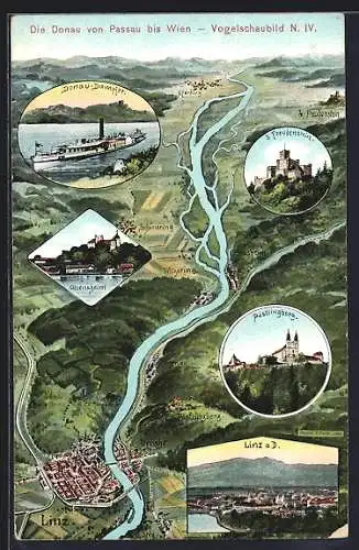 Künstler-AK Eugen Felle: Linz, Landkarte der Donau von Linz bis Eferding, Dampfer, Freudenstein, Ottensheim