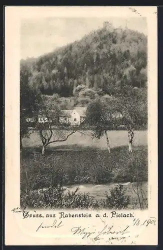 AK Rabenstein a. d. Pielach, Teilansicht vom Fluss aus, mit Burgruine