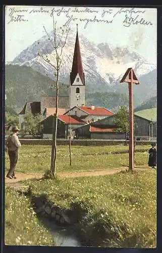 AK Reutte, Frühlingsmotiv, Blick auf Kirche