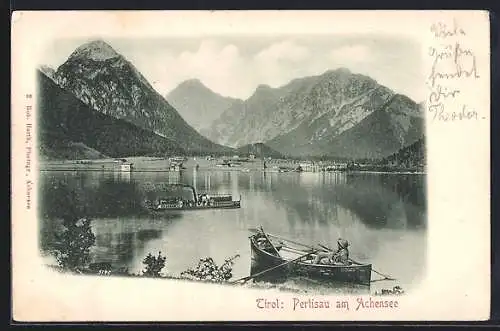 AK Pertisau /Achensee, Blick auf den Achensee mit Ruderboot und Dampfer, um 1900