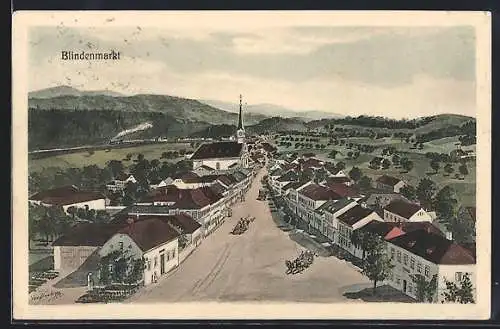 AK Blindenmarkt, Ortsansicht mit Hauptstrasse, Bergpanorama und Eisenbahn