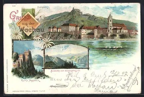 Lithographie Dürnstein /Wachau, Teilansicht mit Kirche, Ruine Aggstein