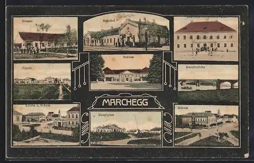 AK Marchegg, Bahnhof, Schloss, Hauptplatz, Schule, Marchbrücke, Kirche, Fabrik, Gasthaus, Strasse