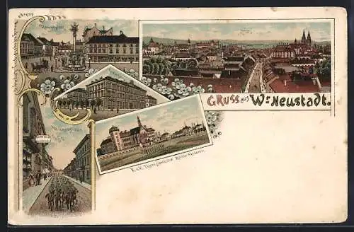 Lithographie Wiener Neustadt, KuK Theresianische Militär Akademie, Realschule und Wienerstrasse