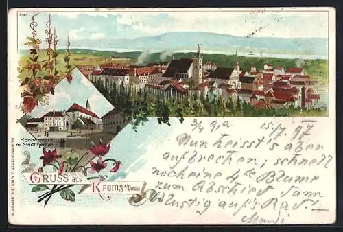 Lithographie Krems a. Donau, Körnermarkt mit Stadttheater, Panorama mit Kirchturm