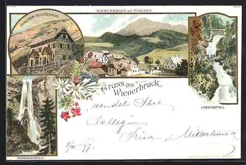 Lithographie Wienerbruck, Teilansicht gegen Ötscher, Ötscher Schutzhaus, Miriasachfall