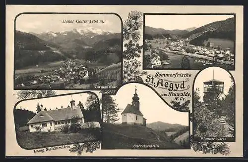 AK St. Aegyd, Totalansicht, Planner-Warte, Osterkirchlein, Bahnhof