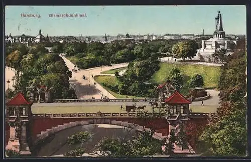 AK Hamburg-St.Pauli, Strassenpartie mit Brücke und Bismarckdenkmal