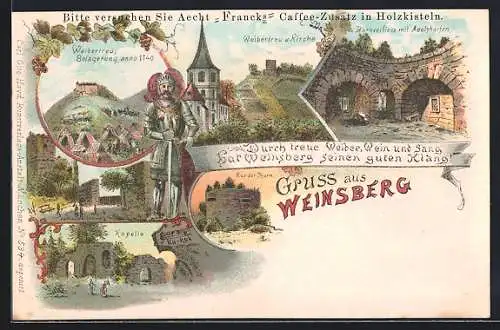 Lithographie Weinsberg, Weibertreu, Kirche, Burgverliess mit Aeolsharfen