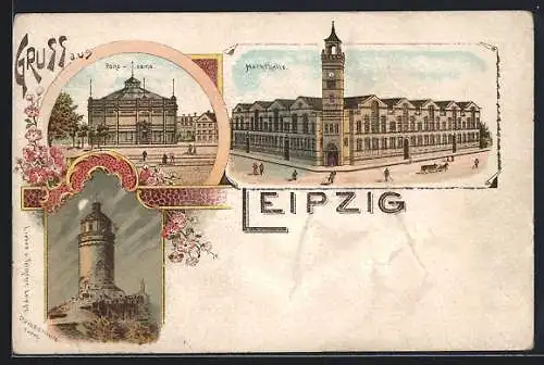 Lithographie Leipzig, Markthalle, Pleissenburgturm, Panorama