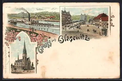 Lithographie Dresden-Blasewitz, Kirche, Blaues Wunder, Dampfer Königin Carola vor der Kulisse von Loschwitz