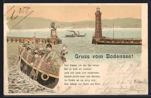 Lithographie Lindau i. B., Seekranke bei einer Dampferfahrt am Hafeneingang