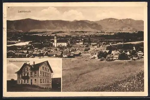 AK Lechbruck, Bahnhofs-Restaurant, Ortsansicht mit Umland