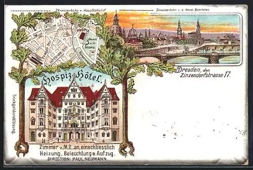 Lithographie Dresden, Hospiz Hotel, Teil der Stadtkarte, Zinzendorfstrasse 17