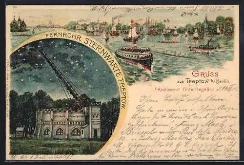 Lithographie Berlin-Treptow, Fernrohr der Sternwarte, Dampfer passiert Stralau, Segelboote, Ruderboot