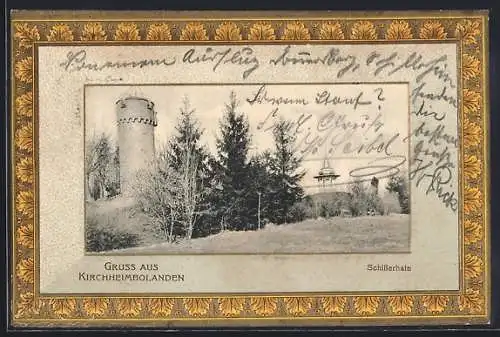 AK Kirchheimbolanden, Schillerhain mit Aussichtsturm, Ornament-Rahmen