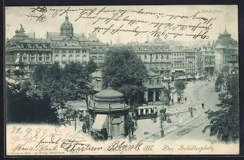 AK Frankfurt a. M., Schillerplatz mit Cafe Bauer, Post, Pavillon u. Strassenbahn aus der Vogelschau