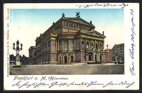 Goldfenster-AK Frankfurt a. M., Das Opernhaus, mit leuchtenden Fenstern