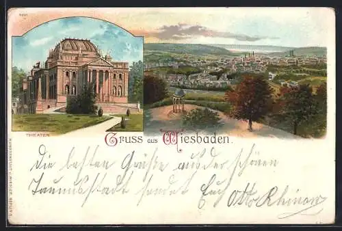 Lithographie Wiesbaden, Theater, Blick vom Neroberg