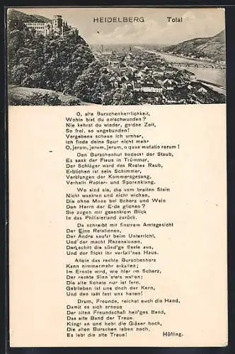 AK Heidelberg, Totalansicht mit Schloss, Stadt und Neckar, Studentisches Gedicht