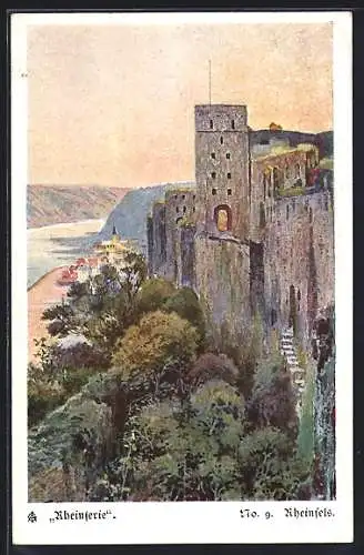 Künstler-AK St. Goar, Blick zur Ruine Rheinfels