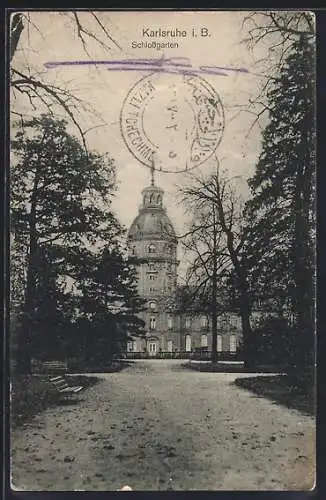 AK Karlsruhe i. B., Schlossgarten mit Blick zum Schloss