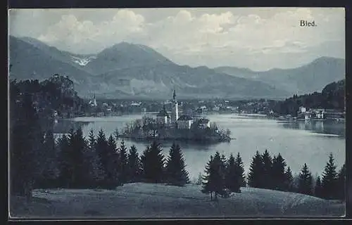 AK Bled, Ortsansicht mit Insel und Bergpanorama