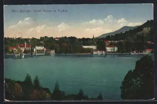 AK Bled, Hotel Malnar in Toplice, Panorama vom Wasser aus