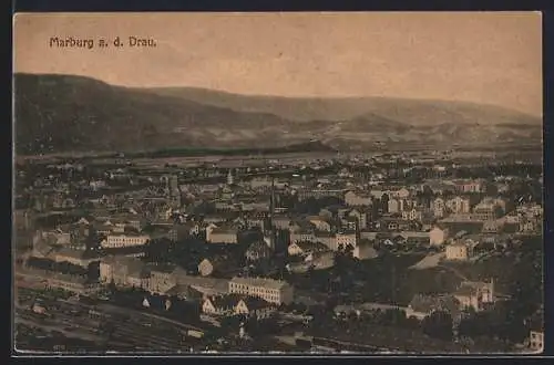 AK Marburg a. Drau, Ortsansicht mit Bahngelände aus der Vogelschau