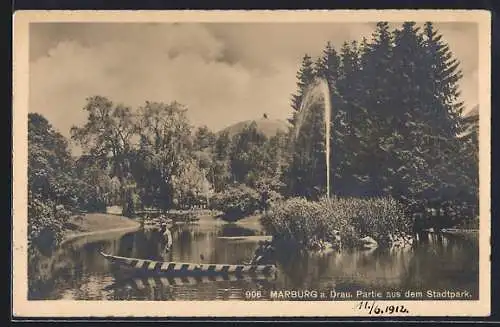 AK Marburg a. Drau, Partie aus dem Stadtpark mit Fontäne