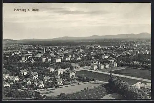 AK Marburg a. Drau, Totalansicht mit Fernblick aus der Vogelschau