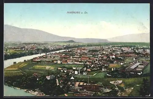 AK Marburg a. Drau, Ortsansicht mit Drau und Bergpanorama aus der Vogelschau