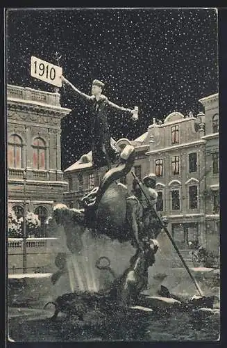 AK Bremen, Teichmannbrunnen bei Schneefall, Neujahrsgruss 1910