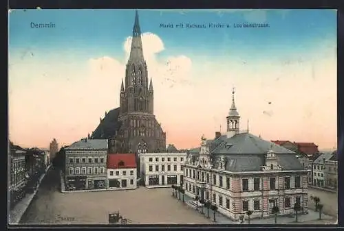 AK Demmin, Markt mit Rathaus, Kirche und Louisenstrasse