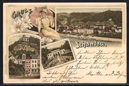 Lithographie Schandau, Gasthaus Schloss Bastei, Kurhaus, Totalansicht