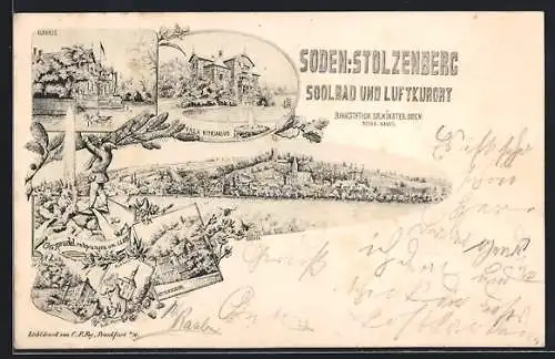 Lithographie Bad Soden-Stolzenberg, Kurhaus, Villa Vitriarius, Ortsansicht