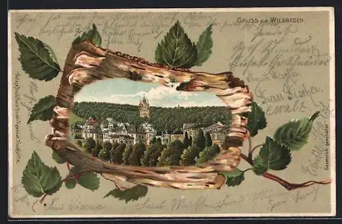 Passepartout-Lithographie Wiesbaden, Teilansicht mit Kirche in Baumrinde