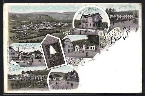 Lithographie Bad-Orb, Neues Bade-Hotel Schneeweis und Müller, Altes Bade-Hotel, Küppelsmühle