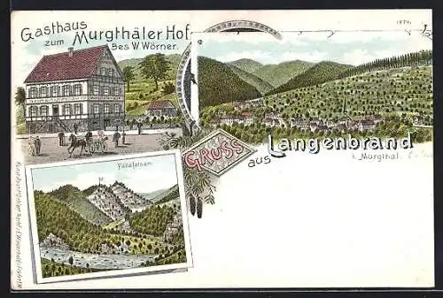 Lithographie Langenbrand i. Murgthal, Gasthaus zum Murgthäler Hof, Füllefelsen, Teilansicht