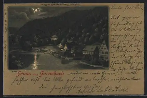 Mondschein-Lithographie Gernsbach, Murg mit Badhotel & Schloss Eberstein