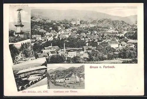 AK Forbach, Gasthaus zur Krone, Kriegerdenkmal, Wasserfall