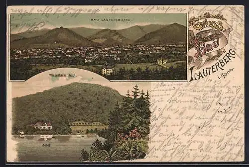 Lithographie Lauterberg i. Harz, Teilansicht, Wiesenbeeker-Teich