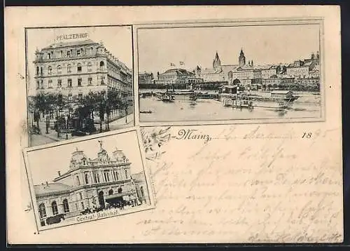 Vorläufer-AK Mainz, 1895, Hotel Pfälzer-Hof, Central-Bahnhof, Teilansicht