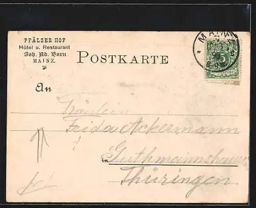 Vorläufer-AK Mainz, 1895, Hotel Pfälzer-Hof, Central-Bahnhof, Teilansicht