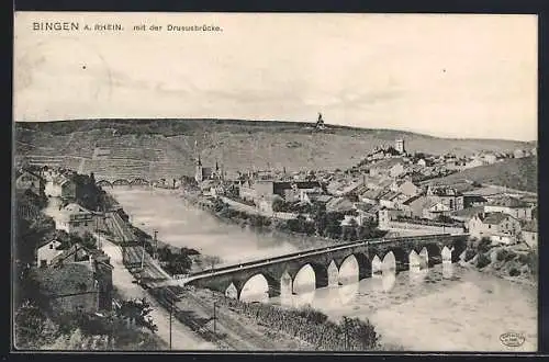 AK Bingen / Rhein, Ortschaft mit der Drususbrücke über den Rhein