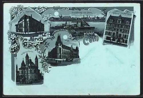 Mondschein-Lithographie Köln-Neustadt, Schiffbrücke und Deuttz, Stadttheater, Post