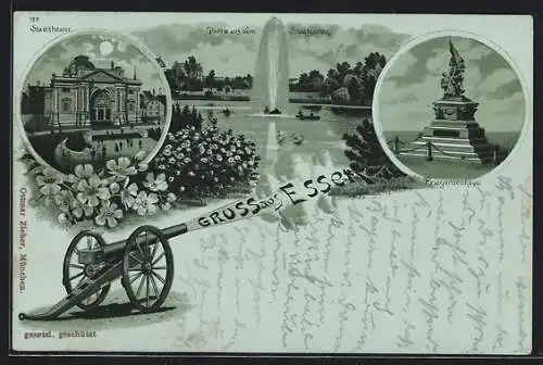 Mondschein-Lithographie Essen / Ruhr, Stadttheater, Kriegerdenkmal, Fontäne im Stadtgarten