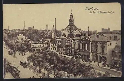 AK Hamburg-St. Pauli, Reeperbahn aus der Vogelschau, Strassenbahn