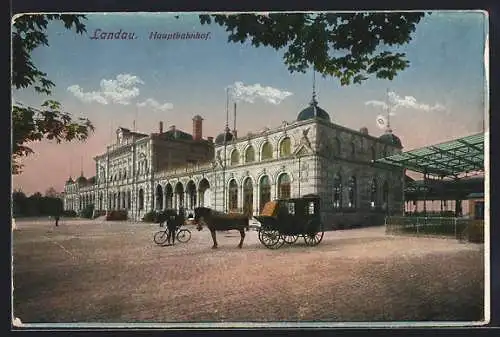 AK Landau / Pfalz, Hauptbahnhof mit Kutsche