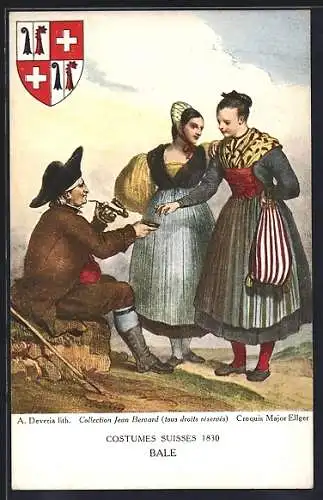 Künstler-AK Bale, Costumes suisses 1830, Mann mit Tabakpfeife und zwei Frauen in Tracht